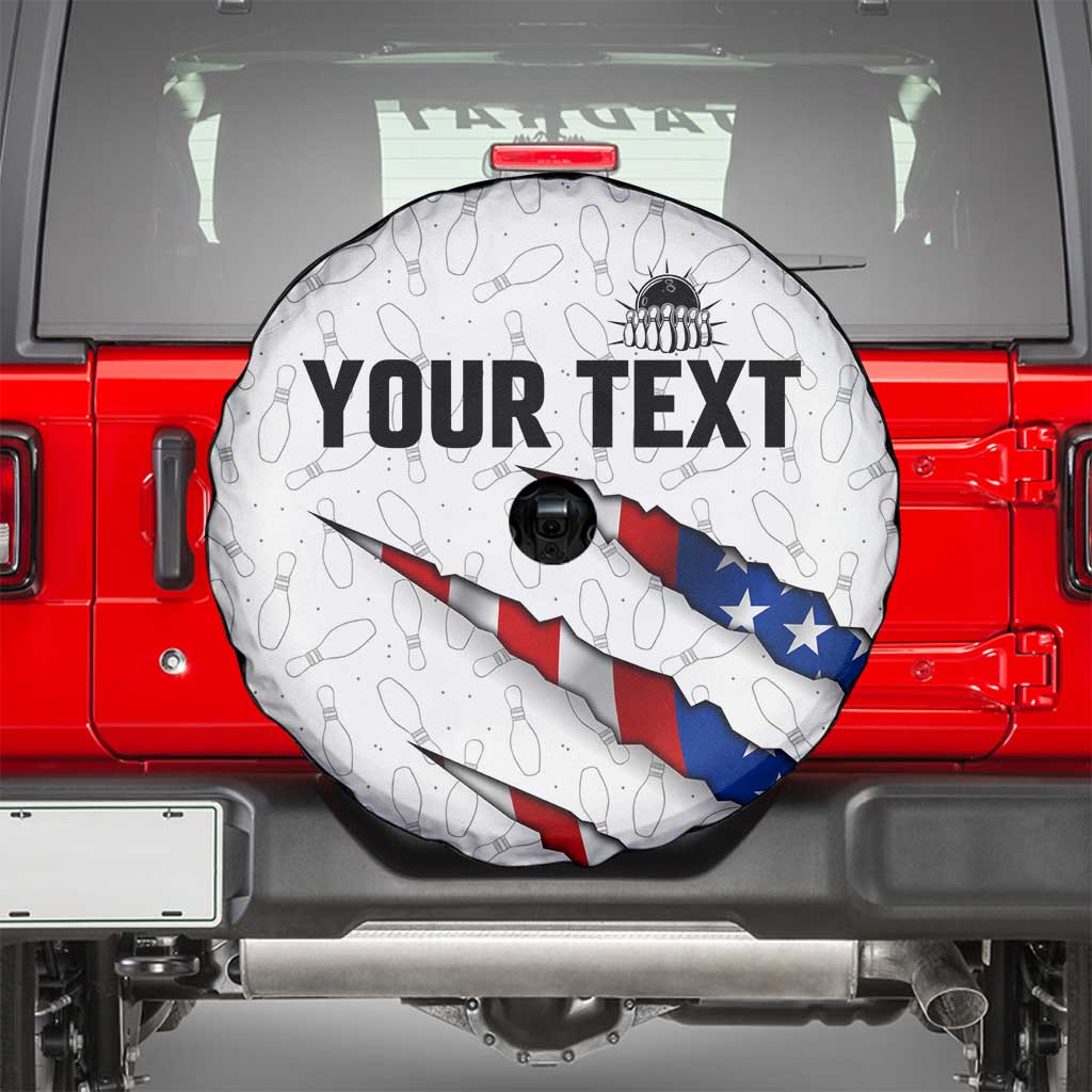 Personalized American Flag Bowling Team Spare Tire Cover Pins and Ball Torn Stripes and Patterned White TS04