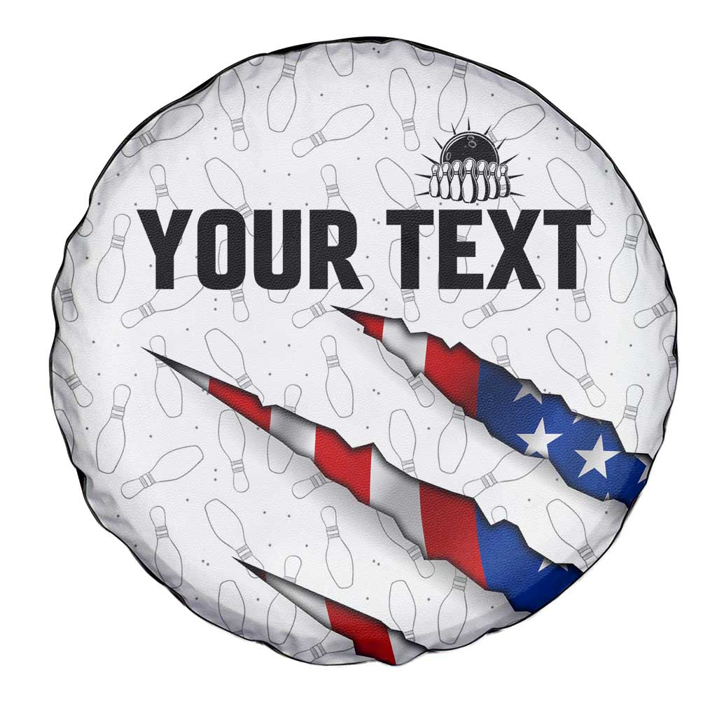 Personalized American Flag Bowling Team Spare Tire Cover Pins and Ball Torn Stripes and Patterned White TS04