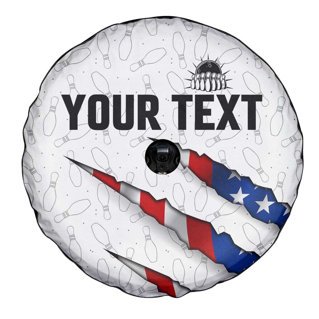 Personalized American Flag Bowling Team Spare Tire Cover Pins and Ball Torn Stripes and Patterned White TS04