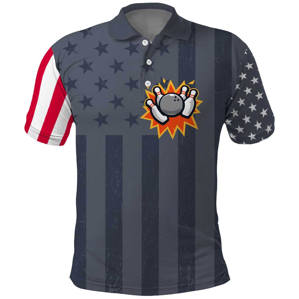 Custom Bowling Ball and Pins Polo Shirt American Flag Stars and Stripes in Grunge Patriotic TS04