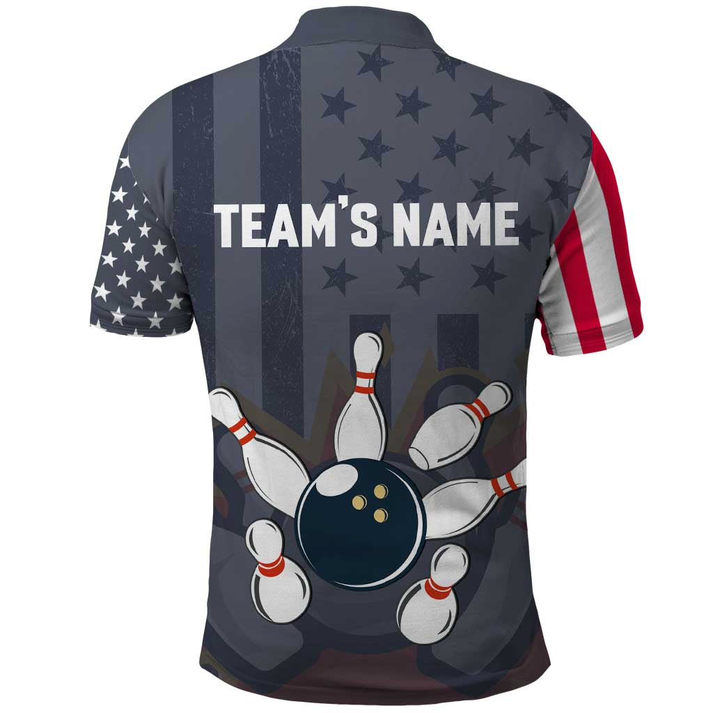 Custom Bowling Ball and Pins Polo Shirt American Flag Stars and Stripes in Grunge Patriotic TS04
