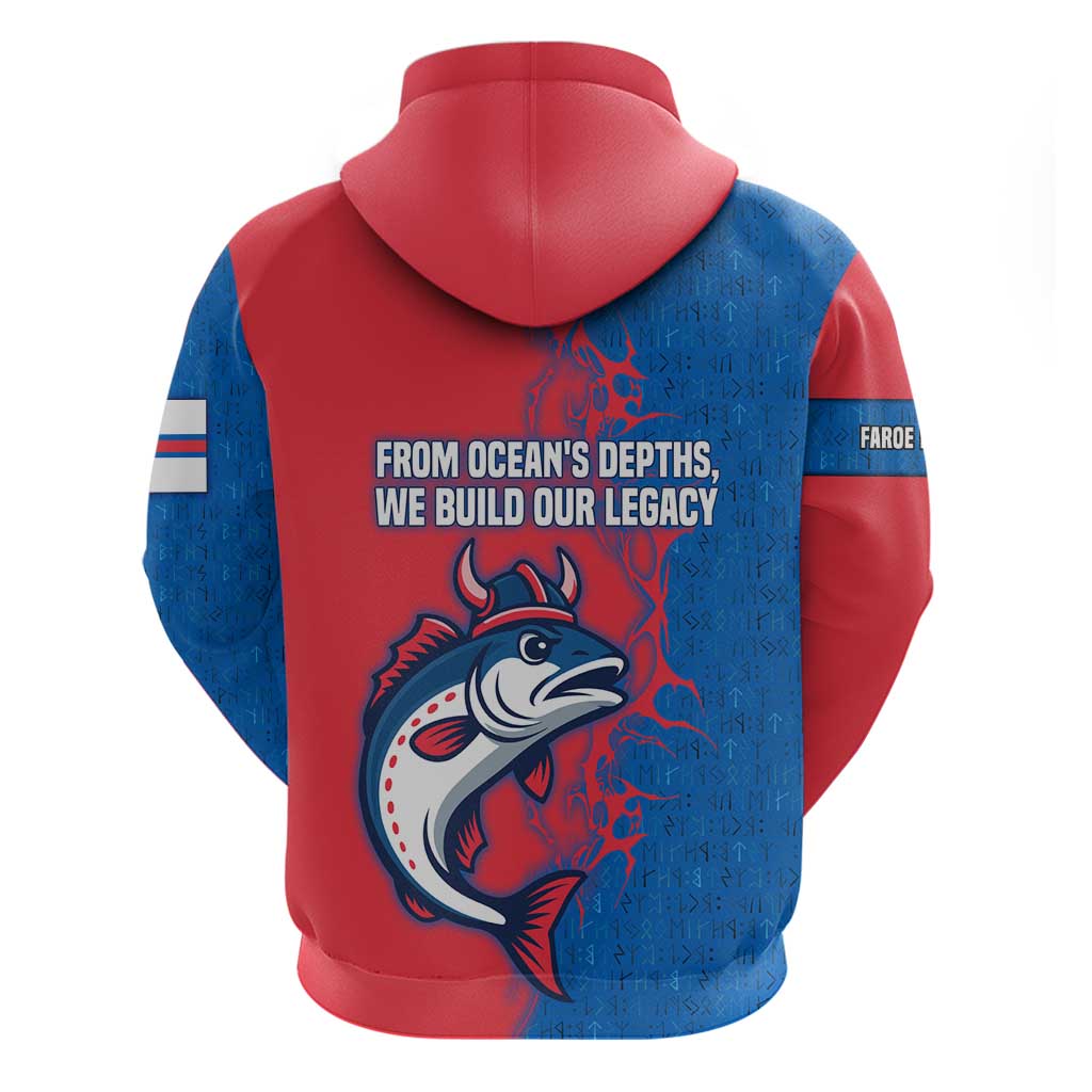 Faroe Islands Hoodie with Viking Fish Illustration Red Blue Runic Design TS04