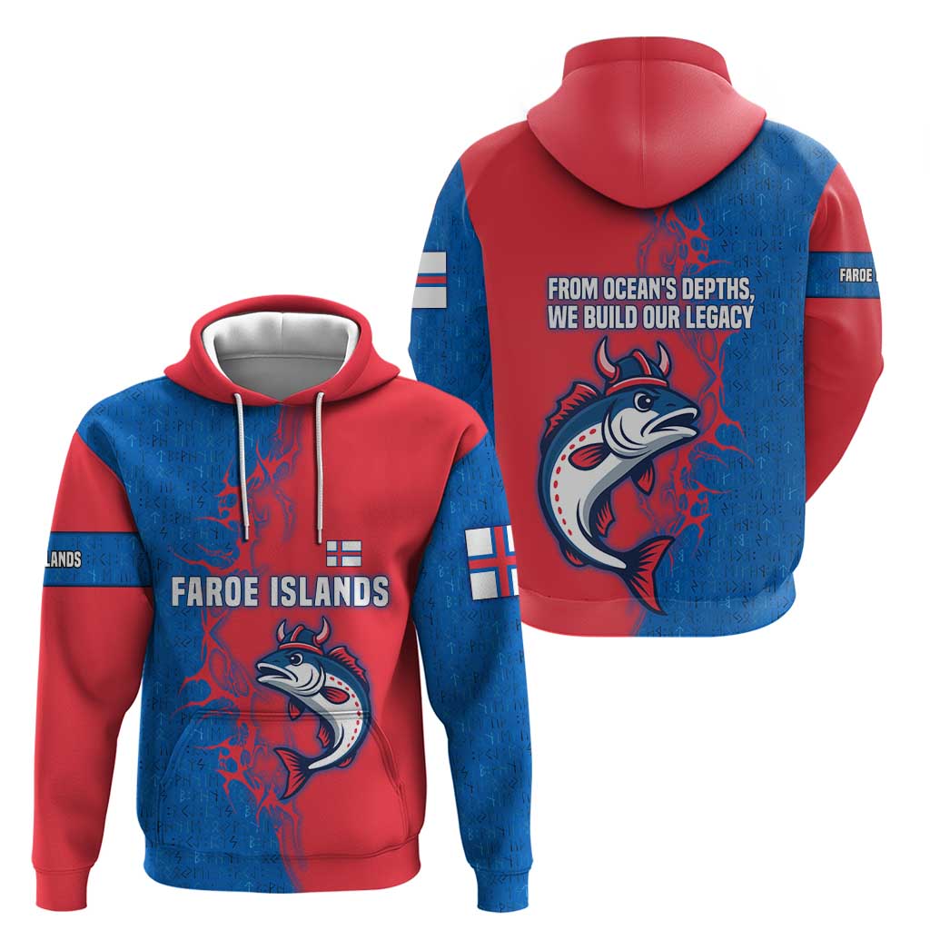 Faroe Islands Hoodie with Viking Fish Illustration Red Blue Runic Design TS04