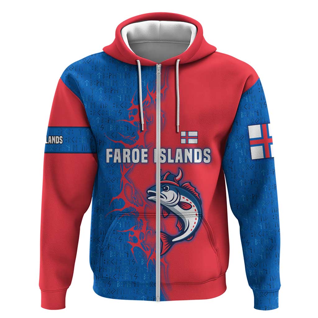 Faroe Islands Hoodie with Viking Fish Illustration Red Blue Runic Design TS04