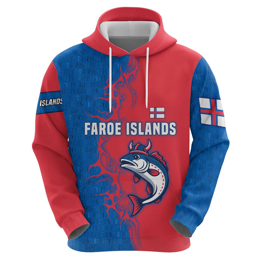 Faroe Islands Hoodie with Viking Fish Illustration Red Blue Runic Design TS04
