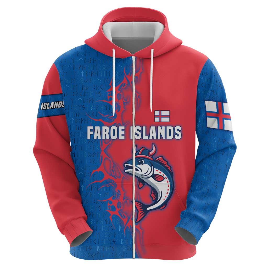 Faroe Islands Hoodie with Viking Fish Illustration Red Blue Runic Design TS04