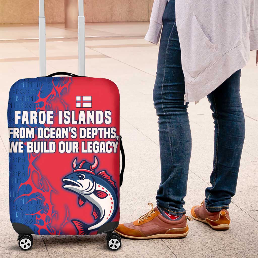 Faroe Islands Luggage Cover with Viking Fish Illustration Red Blue Runic Design TS04