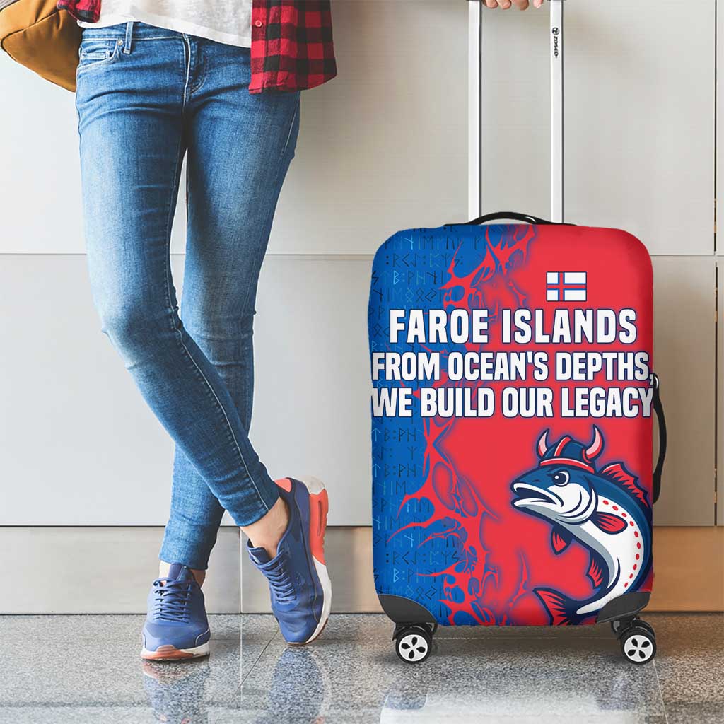 Faroe Islands Luggage Cover with Viking Fish Illustration Red Blue Runic Design TS04