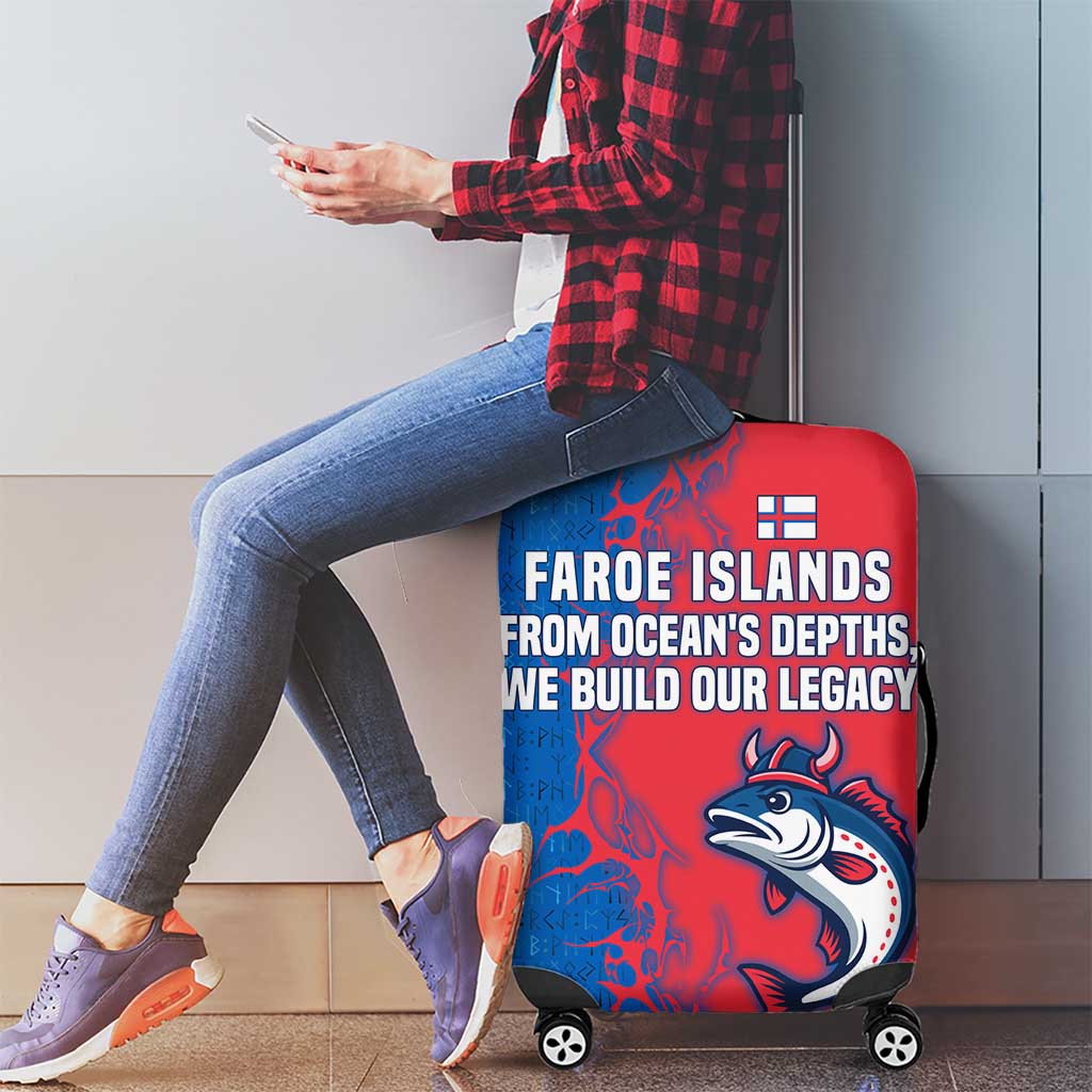 Faroe Islands Luggage Cover with Viking Fish Illustration Red Blue Runic Design TS04
