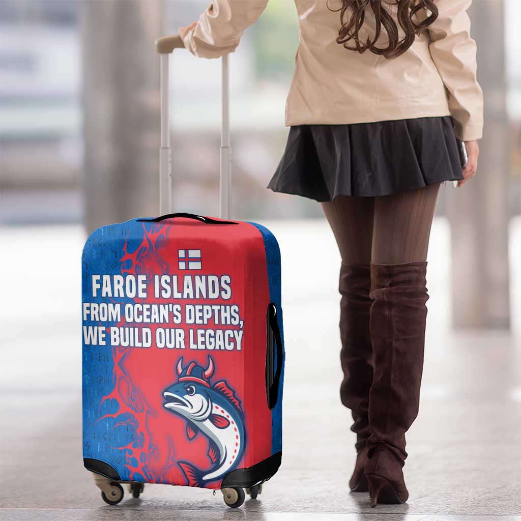 Faroe Islands Luggage Cover with Viking Fish Illustration Red Blue Runic Design TS04