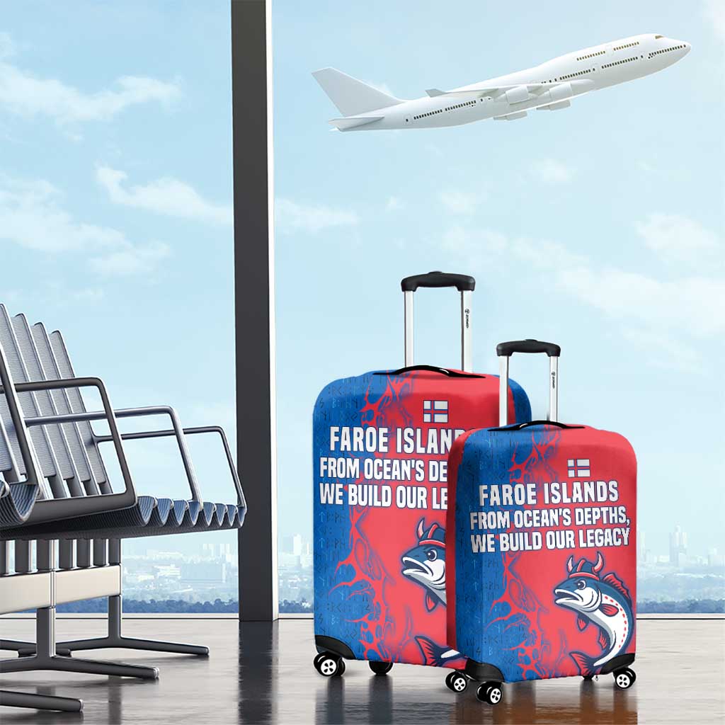Faroe Islands Luggage Cover with Viking Fish Illustration Red Blue Runic Design TS04