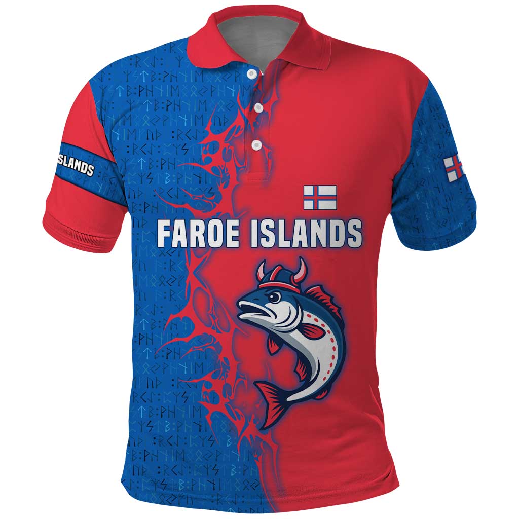 Faroe Islands Polo Shirt with Viking Fish Illustration Red Blue Runic Design TS04