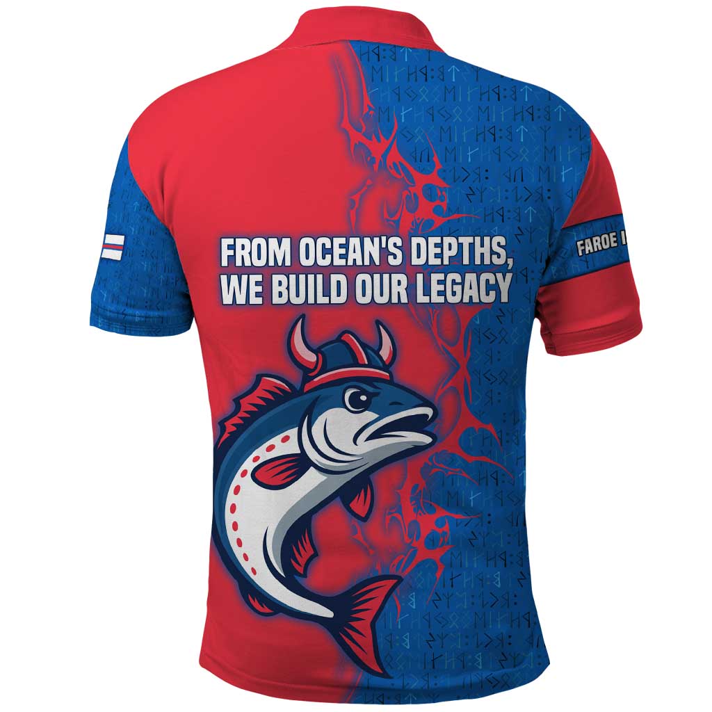 Faroe Islands Polo Shirt with Viking Fish Illustration Red Blue Runic Design TS04