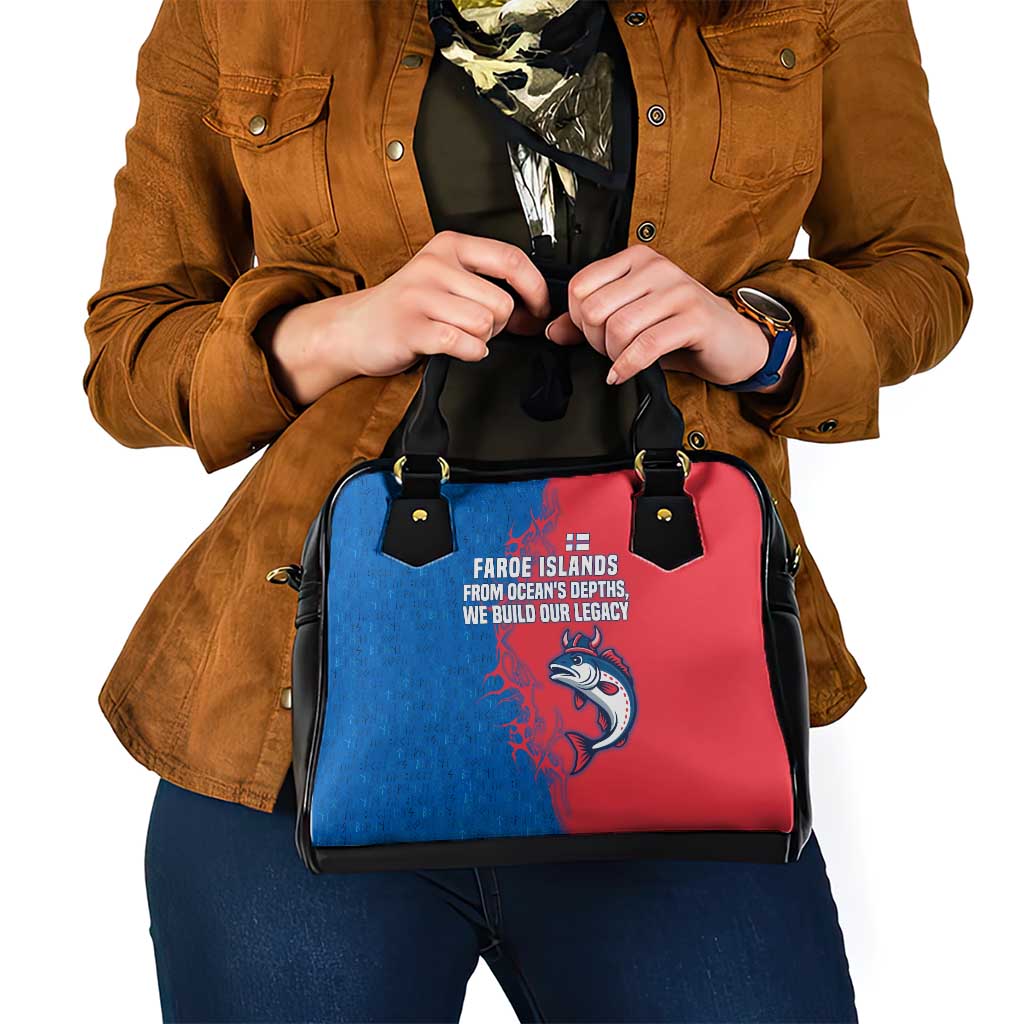 Faroe Islands Shoulder Handbag with Viking Fish Illustration Red Blue Runic Design TS04