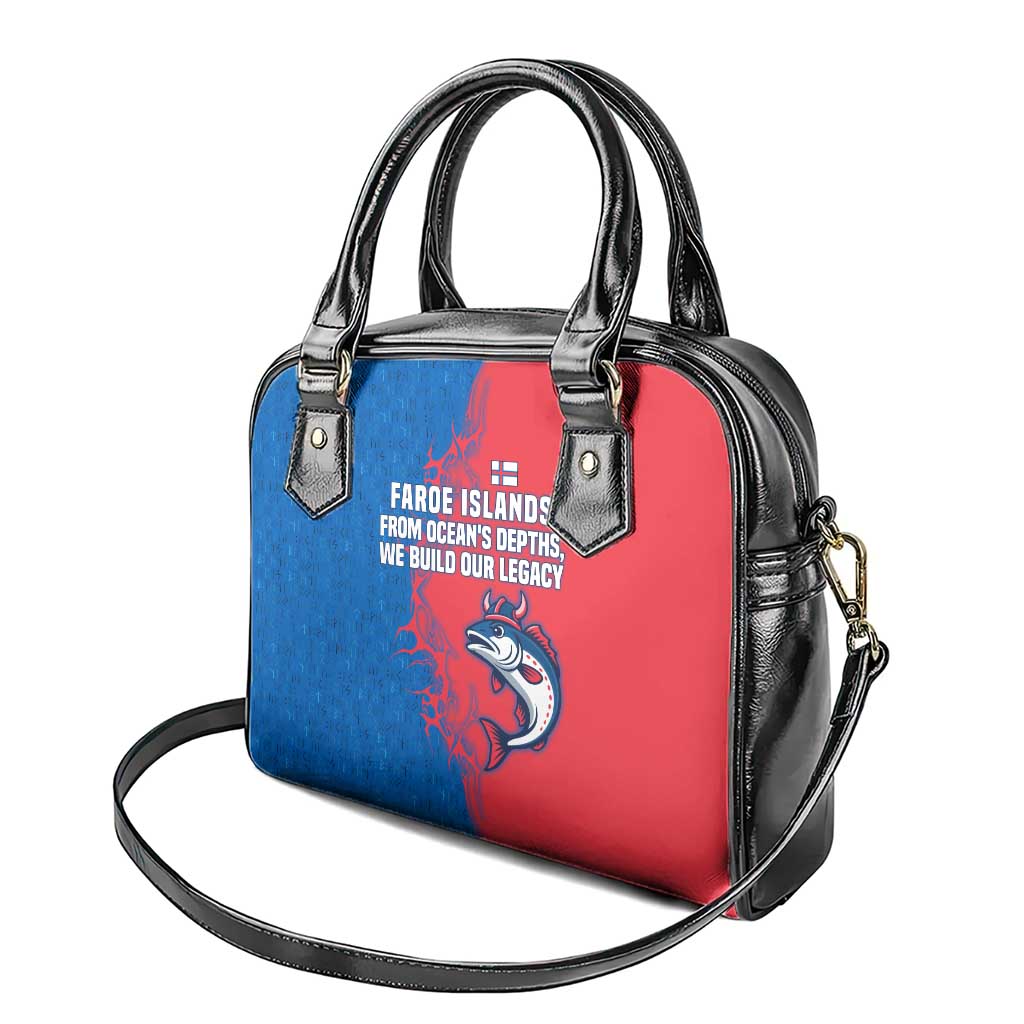 Faroe Islands Shoulder Handbag with Viking Fish Illustration Red Blue Runic Design TS04