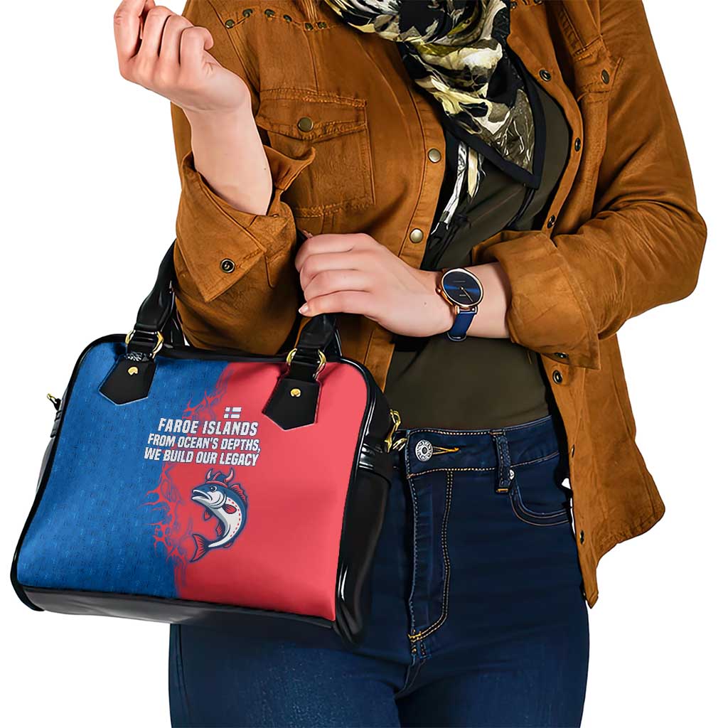 Faroe Islands Shoulder Handbag with Viking Fish Illustration Red Blue Runic Design TS04