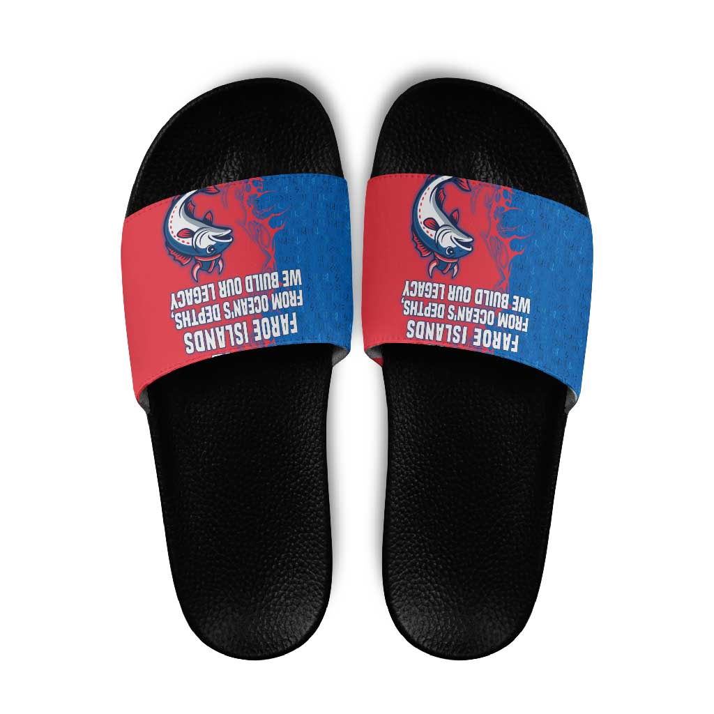 Faroe Islands Slide Sandals with Viking Fish Illustration Red Blue Runic Design TS04