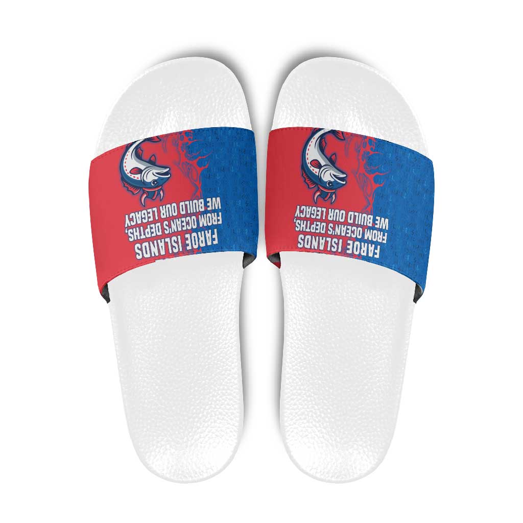 Faroe Islands Slide Sandals with Viking Fish Illustration Red Blue Runic Design TS04