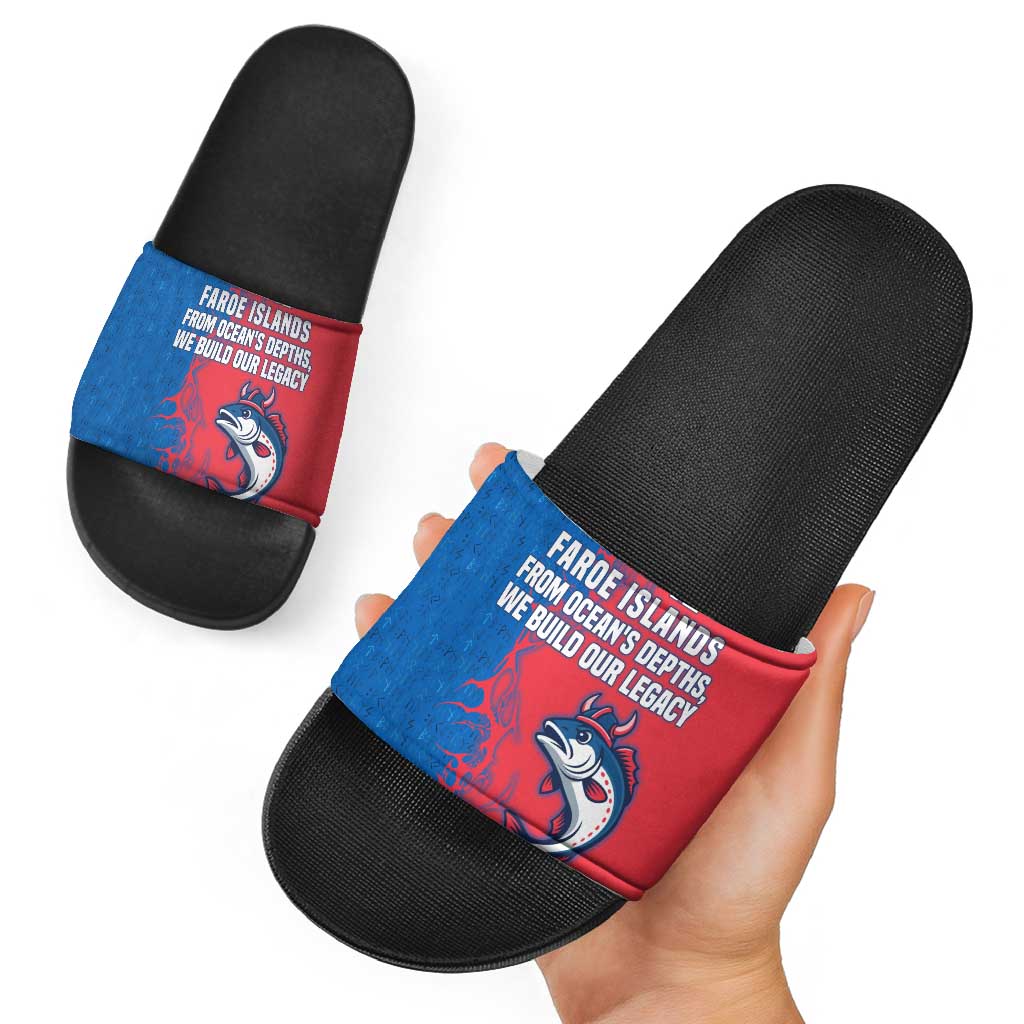 Faroe Islands Slide Sandals with Viking Fish Illustration Red Blue Runic Design TS04