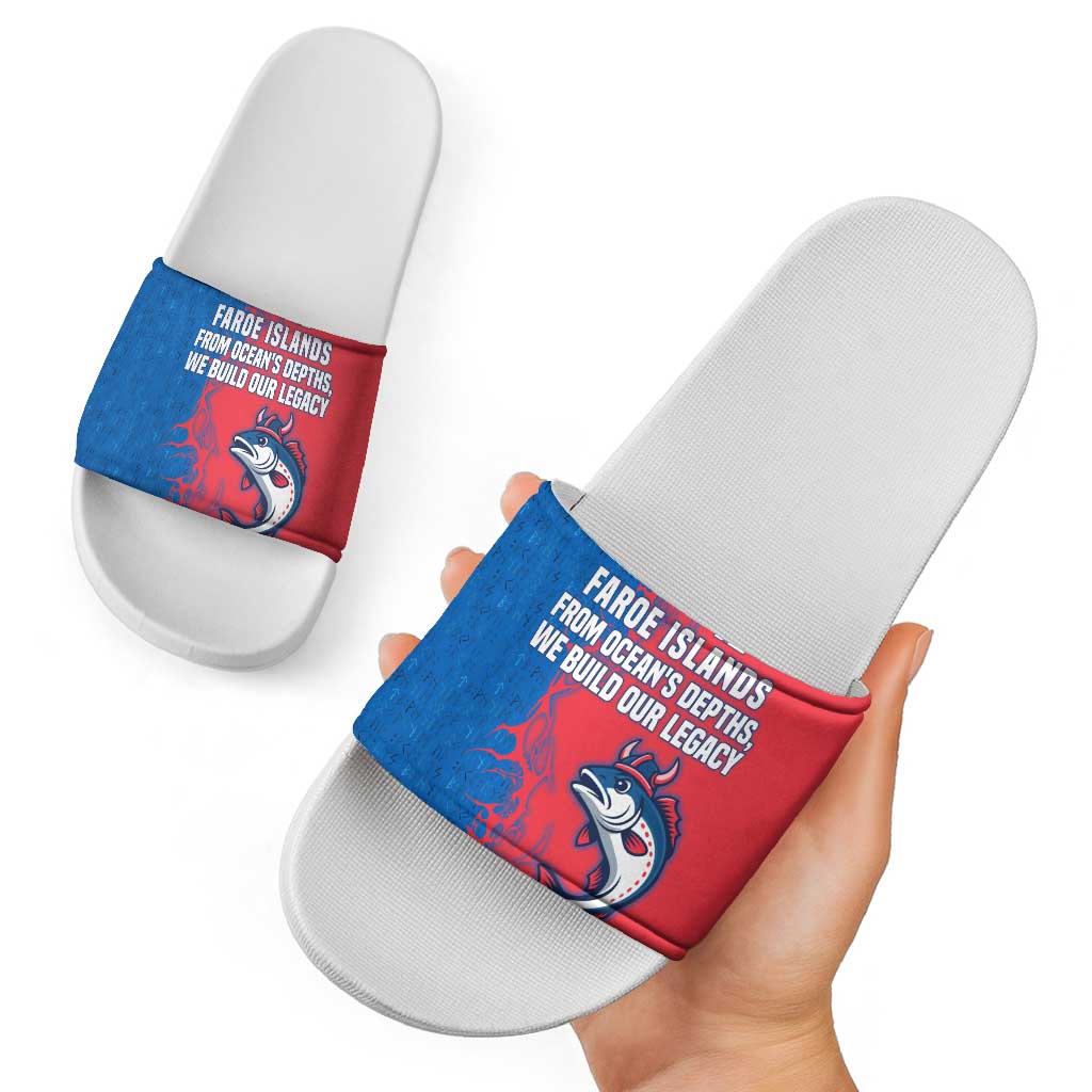 Faroe Islands Slide Sandals with Viking Fish Illustration Red Blue Runic Design TS04