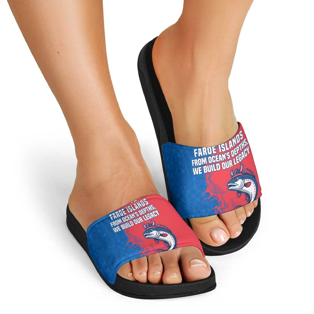 Faroe Islands Slide Sandals with Viking Fish Illustration Red Blue Runic Design TS04