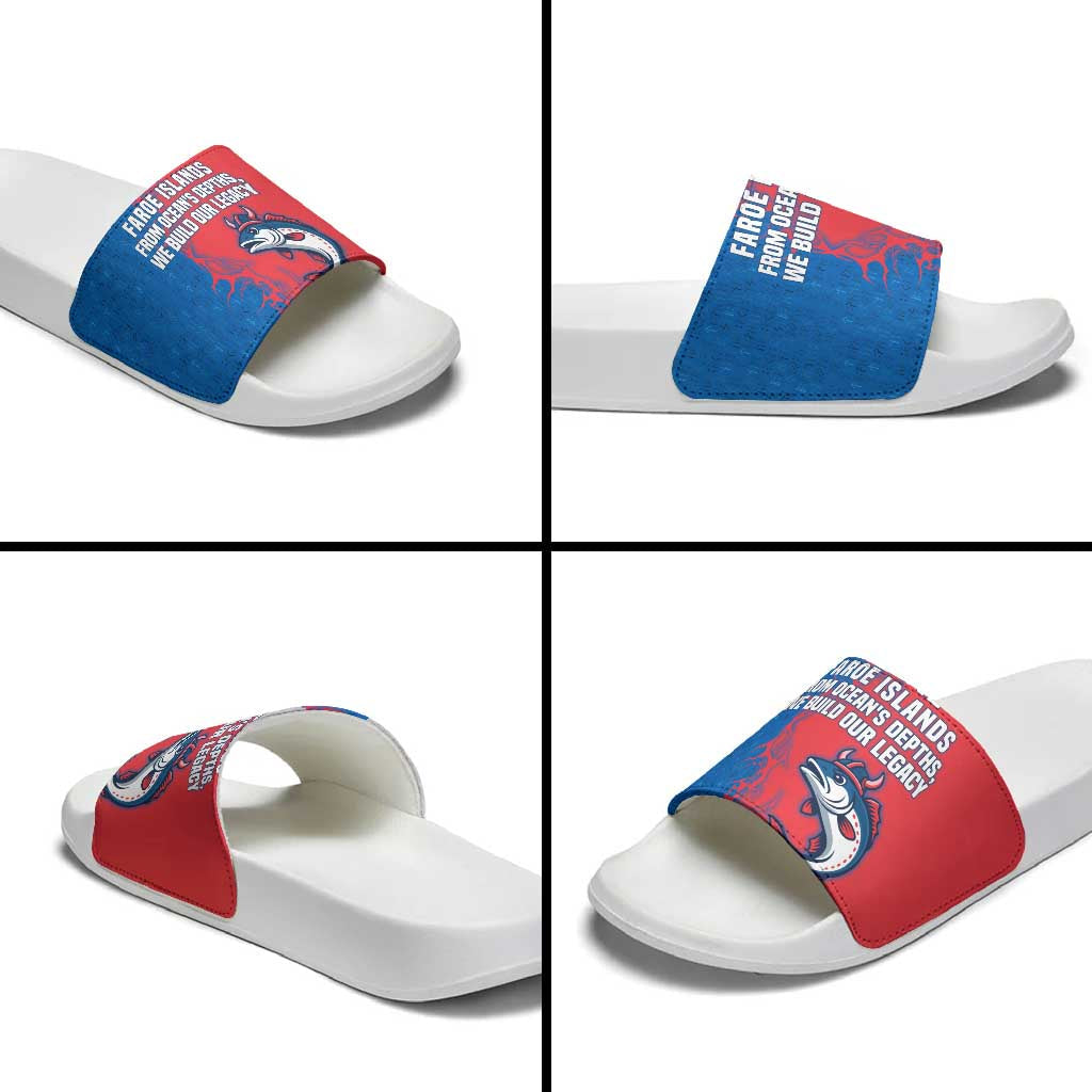 Faroe Islands Slide Sandals with Viking Fish Illustration Red Blue Runic Design TS04