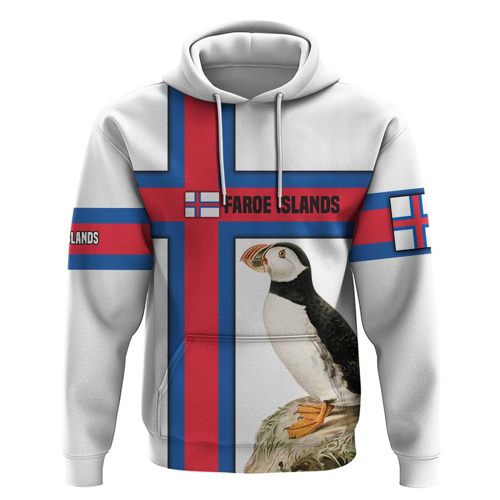 Faroe Islands Hoodie with Red Blue Cross Design and Puffin Bird TS04