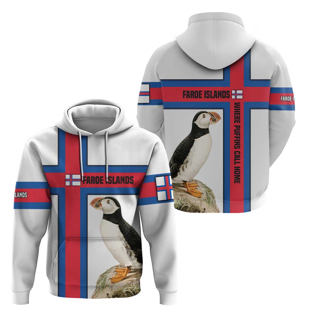 Faroe Islands Hoodie with Red Blue Cross Design and Puffin Bird TS04