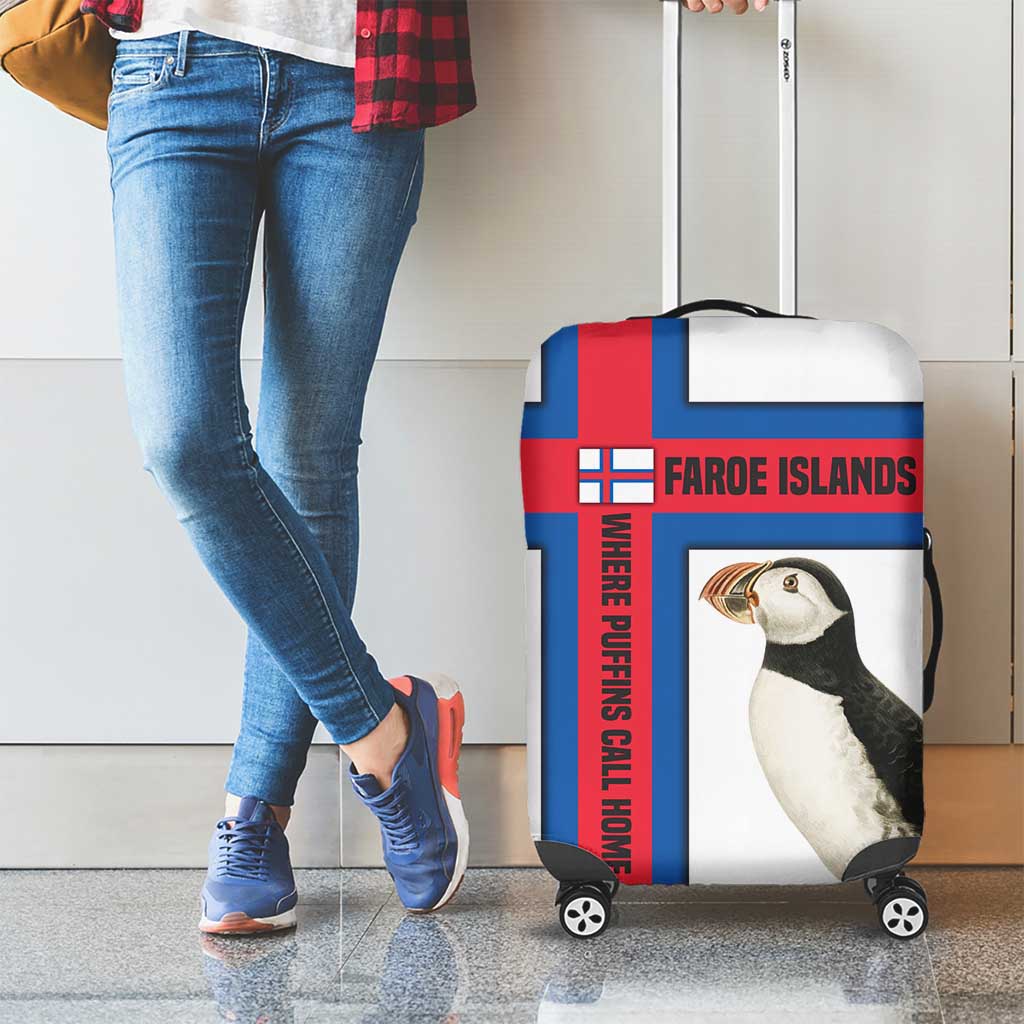 Faroe Islands Luggage Cover with Red Blue Cross Design and Puffin Bird TS04