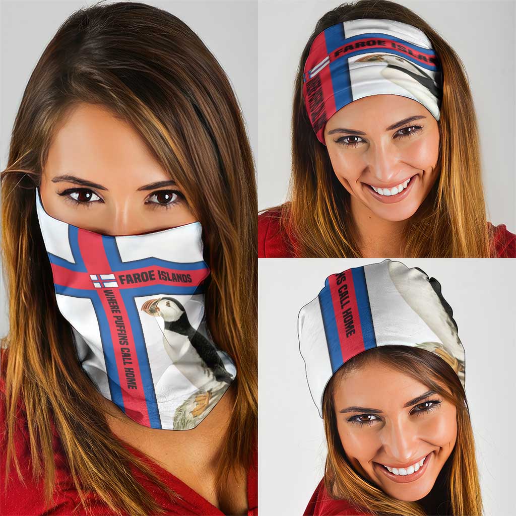 Faroe Islands Neck Gaiter with Red Blue Cross Design and Puffin Bird TS04