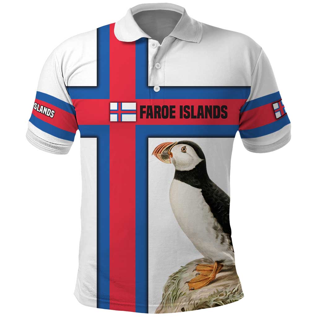 Faroe Islands Polo Shirt with Red Blue Cross Design and Puffin Bird TS04
