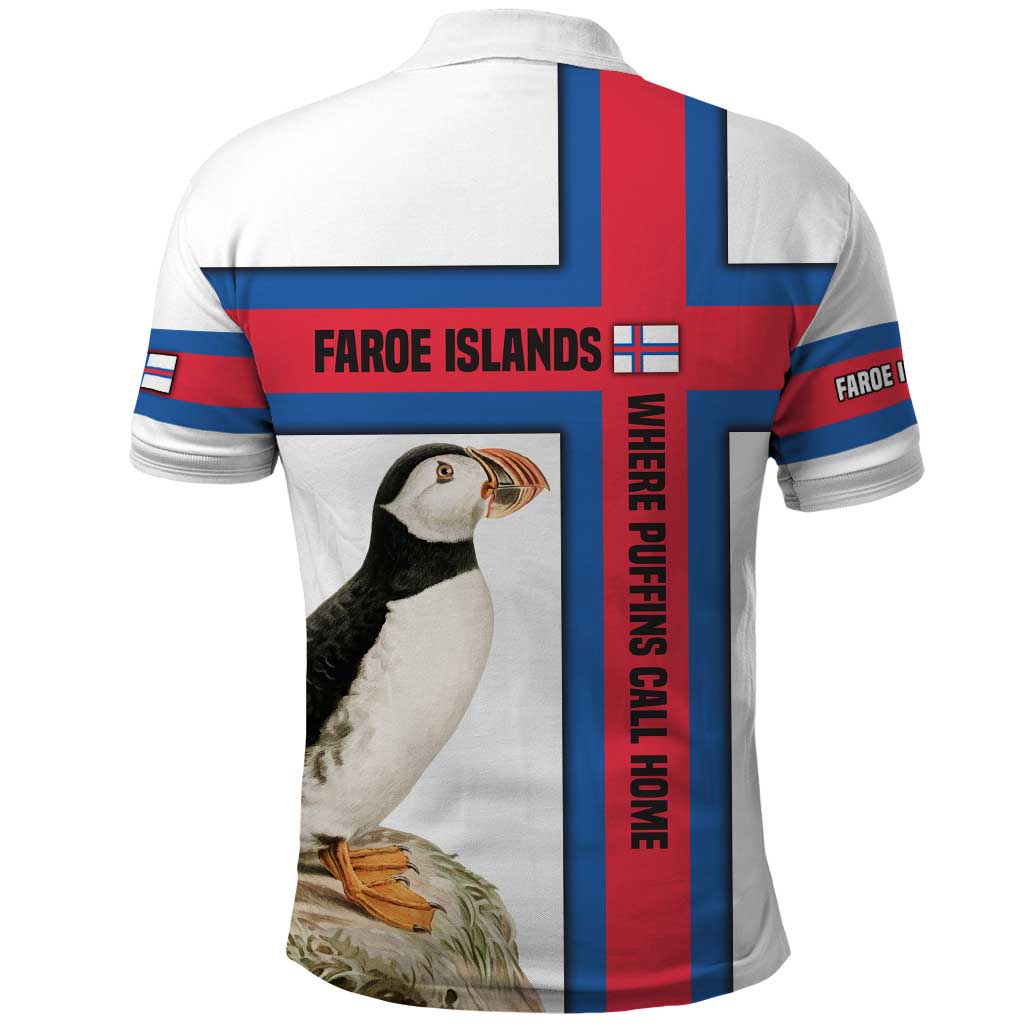Faroe Islands Polo Shirt with Red Blue Cross Design and Puffin Bird TS04