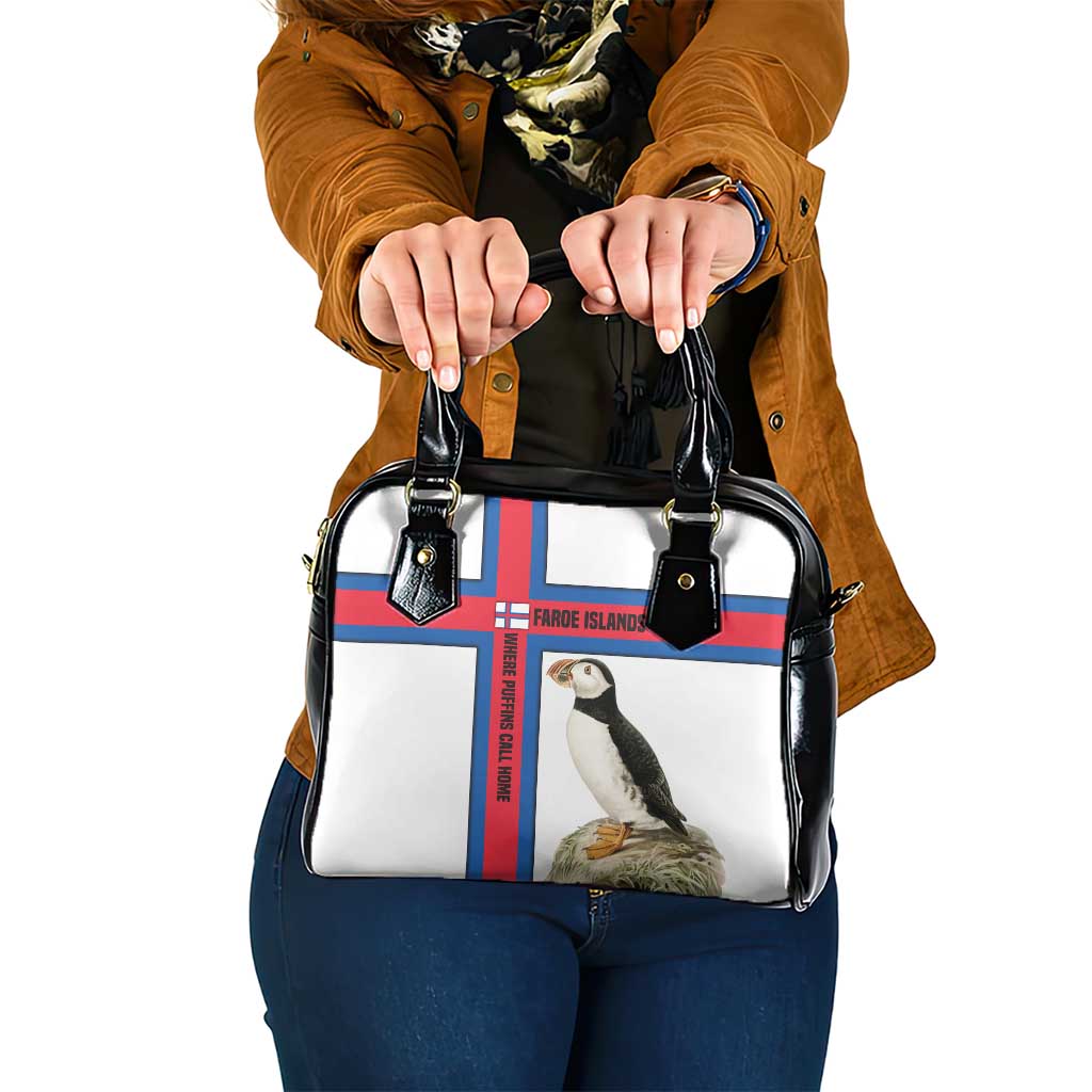 Faroe Islands Shoulder Handbag with Red Blue Cross Design and Puffin Bird TS04