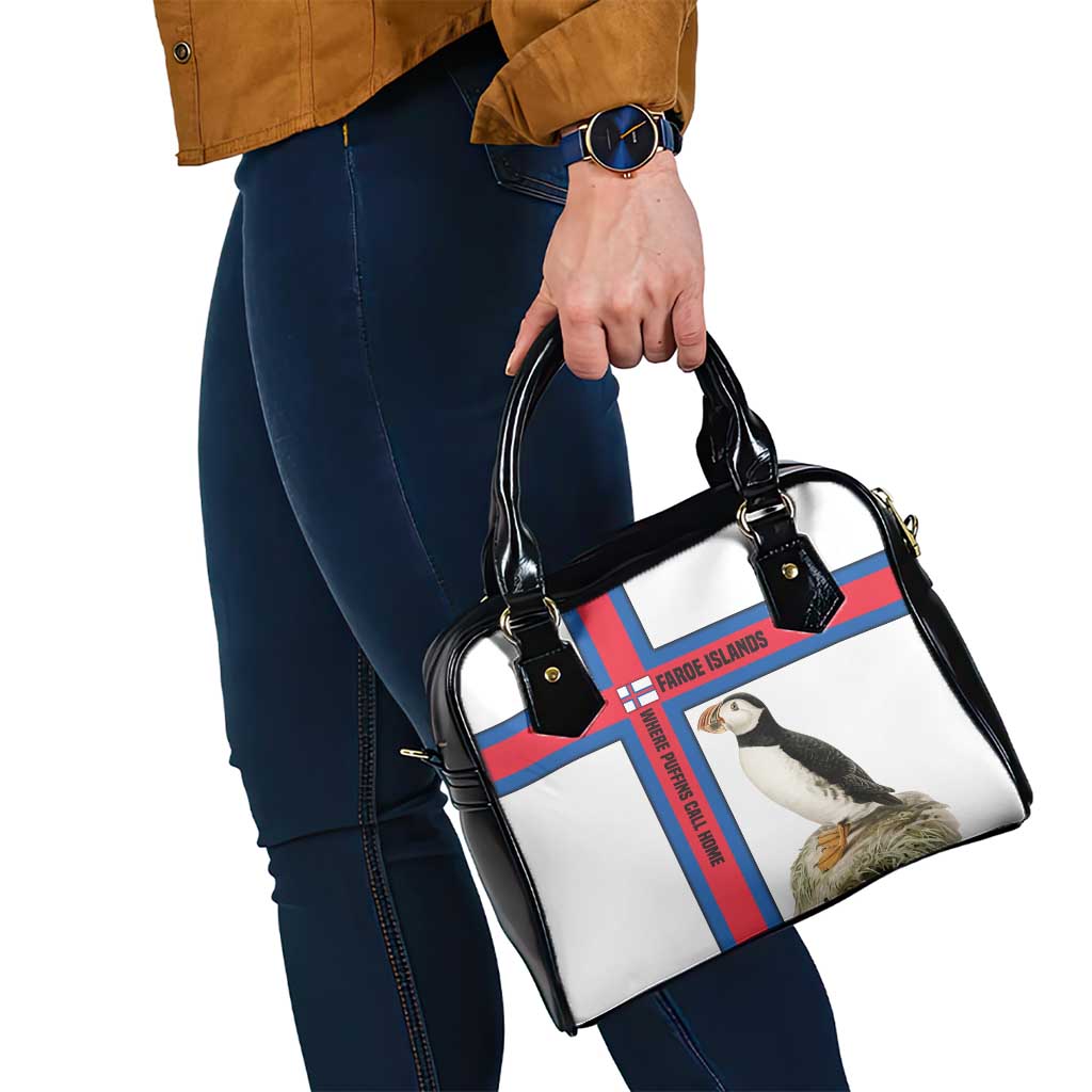 Faroe Islands Shoulder Handbag with Red Blue Cross Design and Puffin Bird TS04