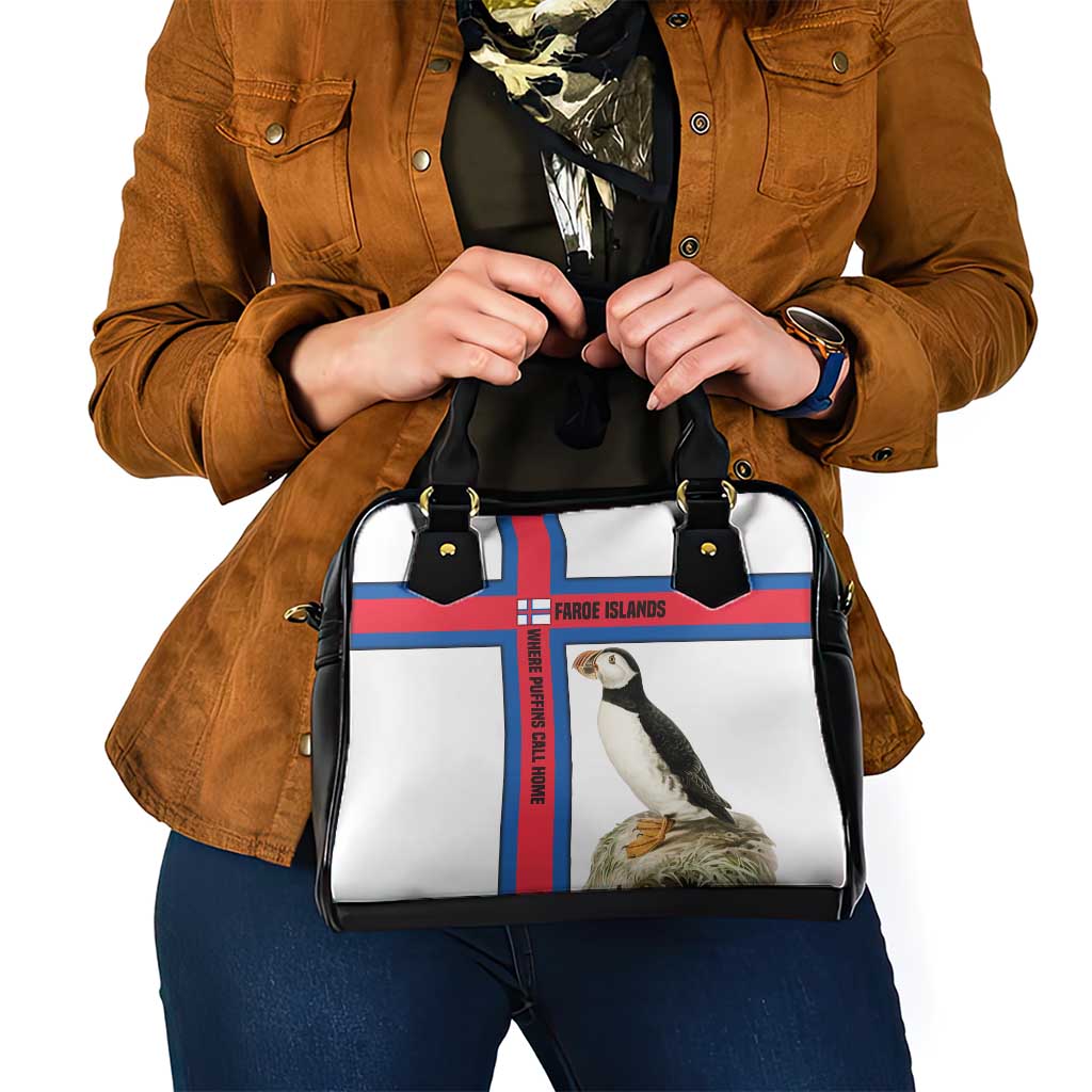 Faroe Islands Shoulder Handbag with Red Blue Cross Design and Puffin Bird TS04
