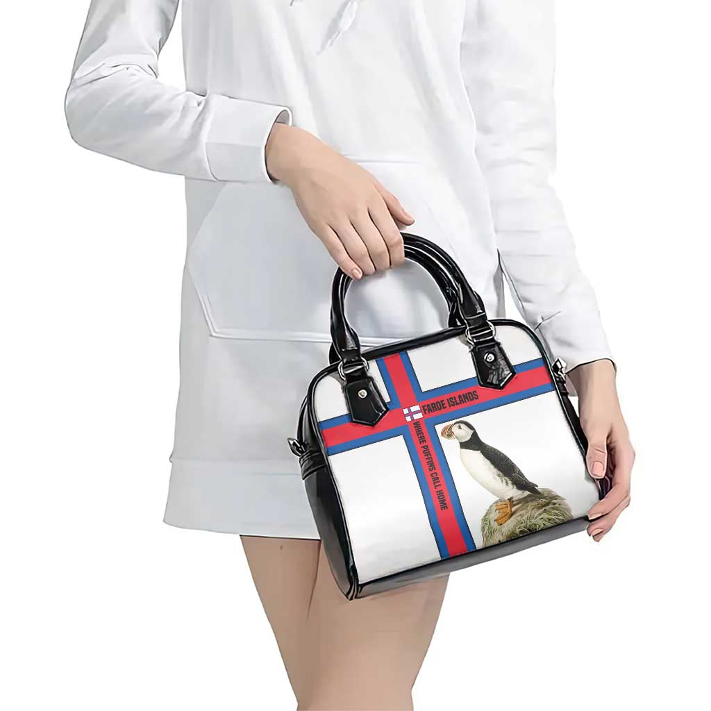 Faroe Islands Shoulder Handbag with Red Blue Cross Design and Puffin Bird TS04