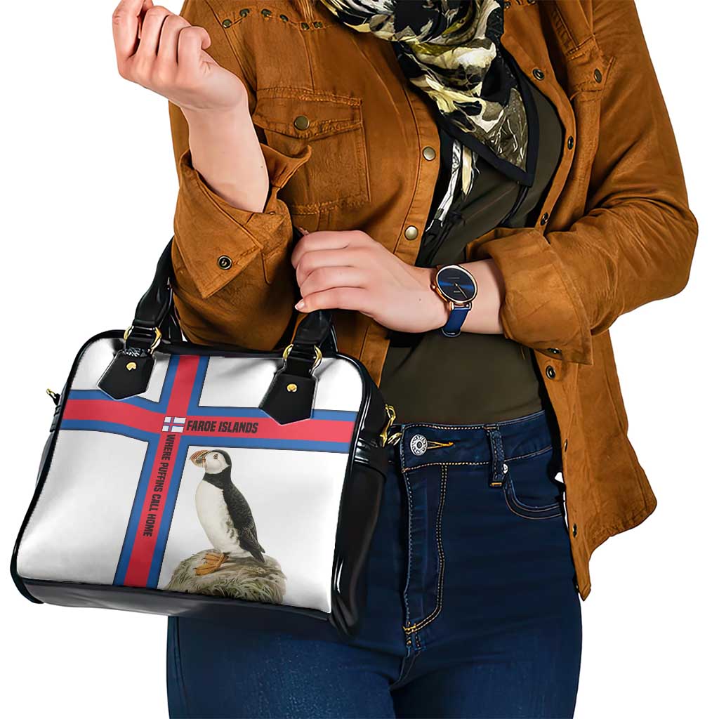 Faroe Islands Shoulder Handbag with Red Blue Cross Design and Puffin Bird TS04