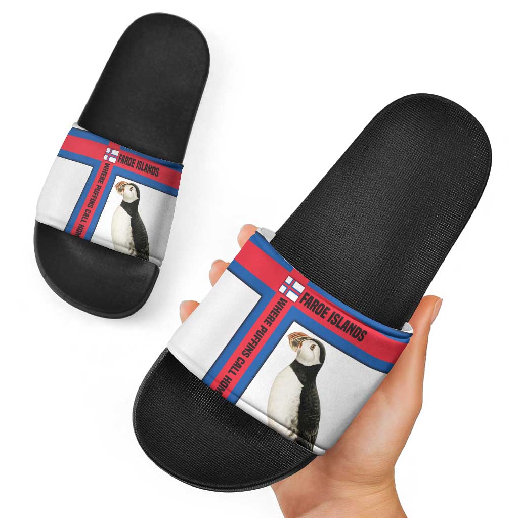 Faroe Islands Slide Sandals with Red Blue Cross Design and Puffin Bird TS04