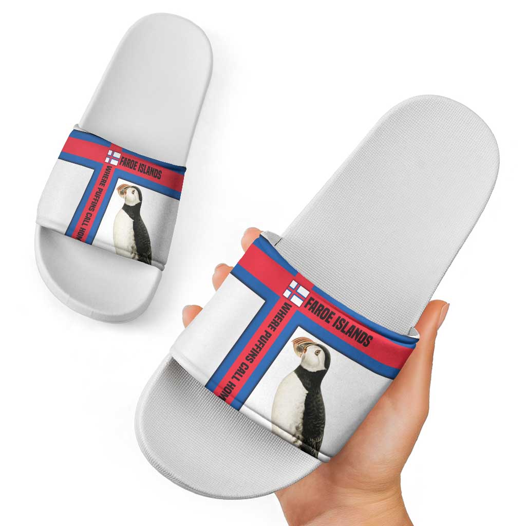 Faroe Islands Slide Sandals with Red Blue Cross Design and Puffin Bird TS04