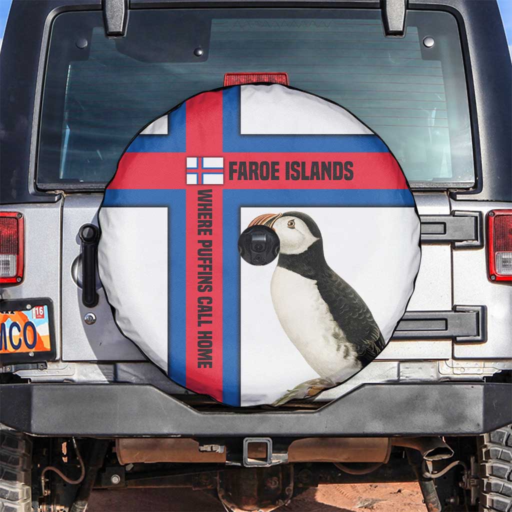 Faroe Islands Spare Tire Cover with Red Blue Cross Design and Puffin Bird TS04