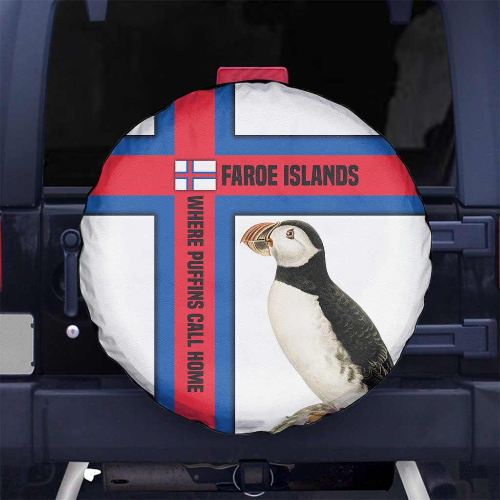 Faroe Islands Spare Tire Cover with Red Blue Cross Design and Puffin Bird TS04