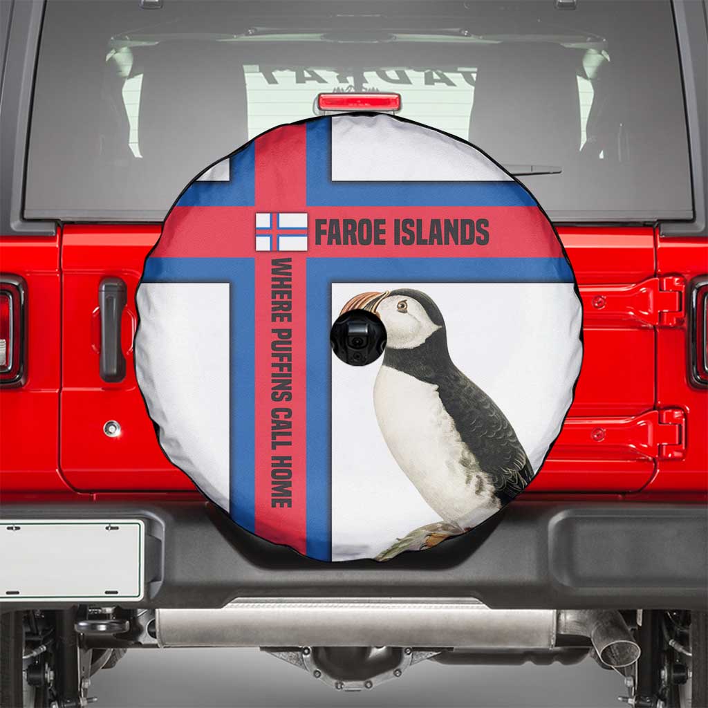 Faroe Islands Spare Tire Cover with Red Blue Cross Design and Puffin Bird TS04