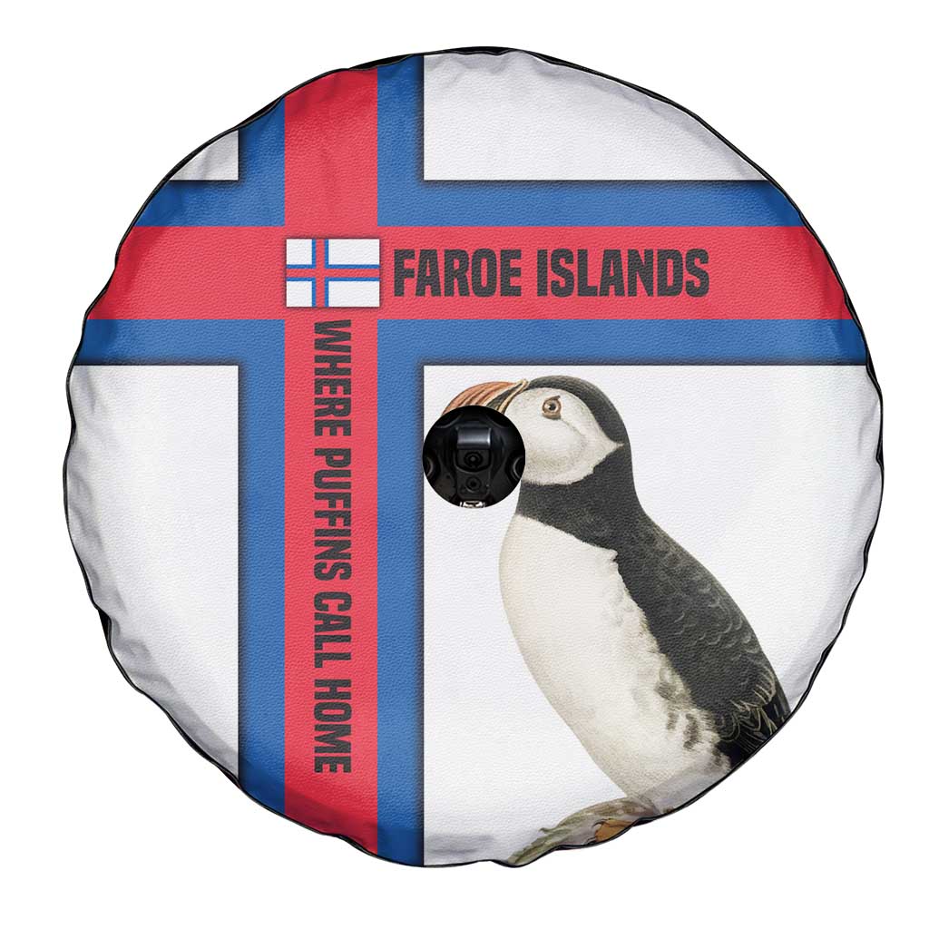 Faroe Islands Spare Tire Cover with Red Blue Cross Design and Puffin Bird TS04