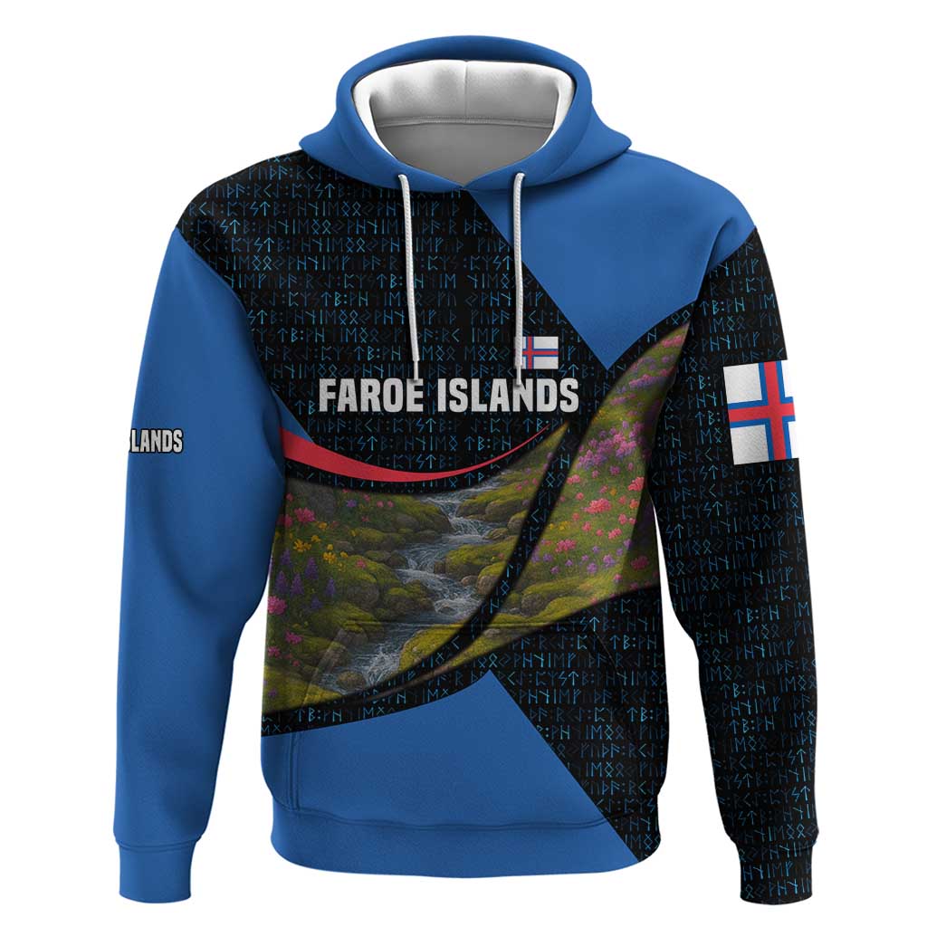 Faroe Islands Hoodie with Waterfall Nature Scene and Rune Pattern Design TS04