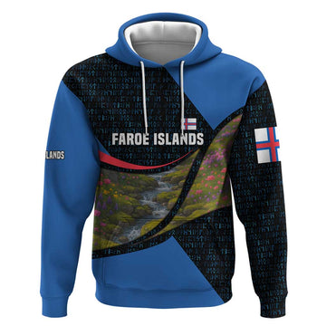 Faroe Islands Hoodie with Waterfall Nature Scene and Rune Pattern Design TS04