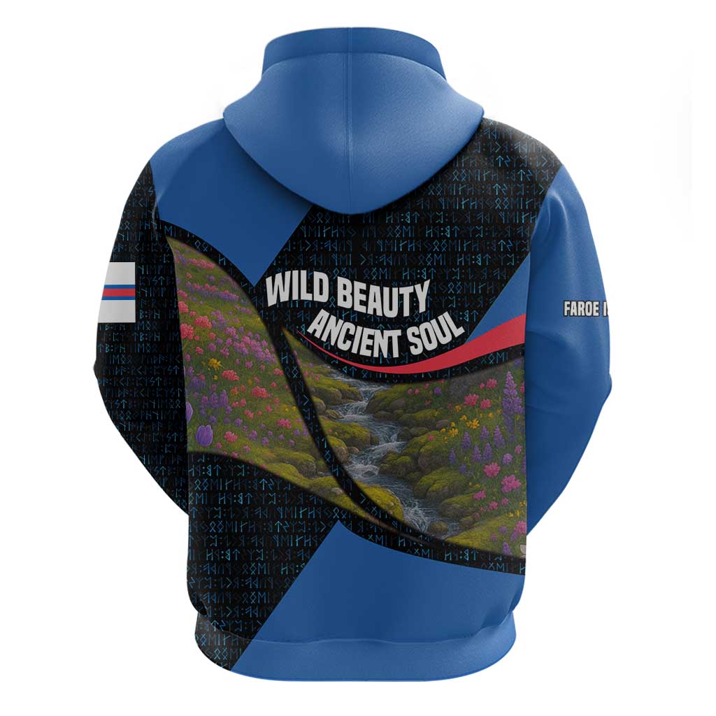 Faroe Islands Hoodie with Waterfall Nature Scene and Rune Pattern Design TS04