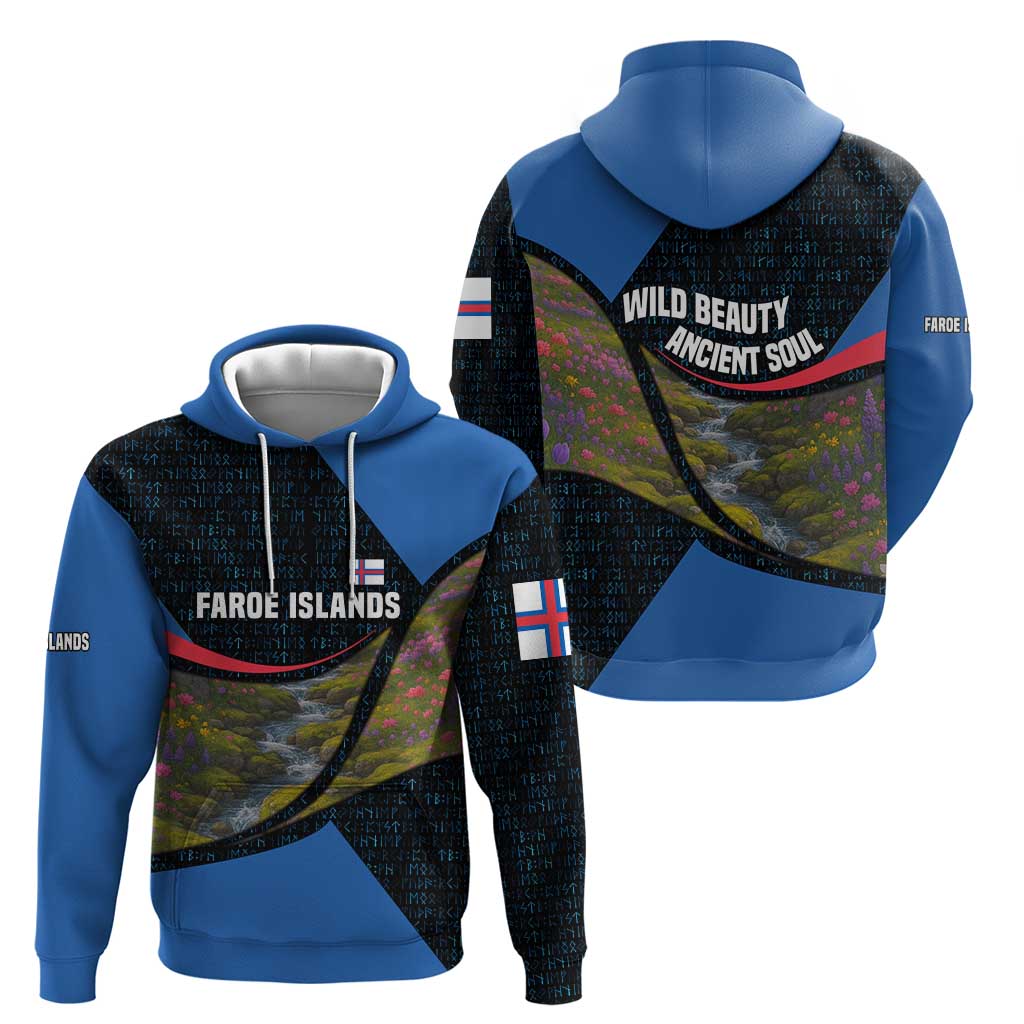 Faroe Islands Hoodie with Waterfall Nature Scene and Rune Pattern Design TS04