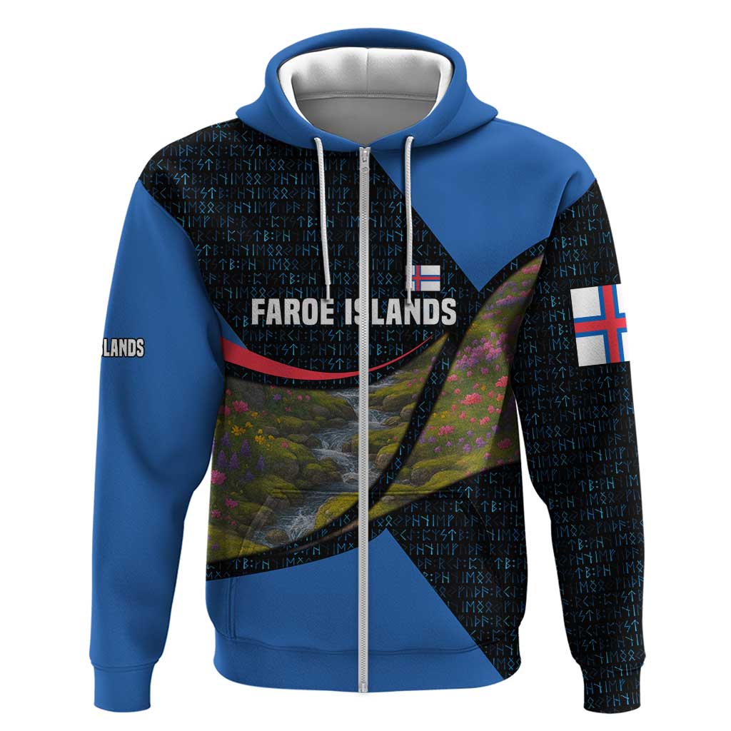 Faroe Islands Hoodie with Waterfall Nature Scene and Rune Pattern Design TS04
