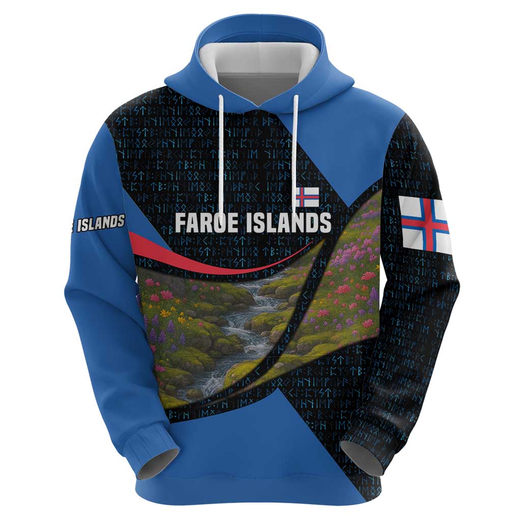 Faroe Islands Hoodie with Waterfall Nature Scene and Rune Pattern Design TS04