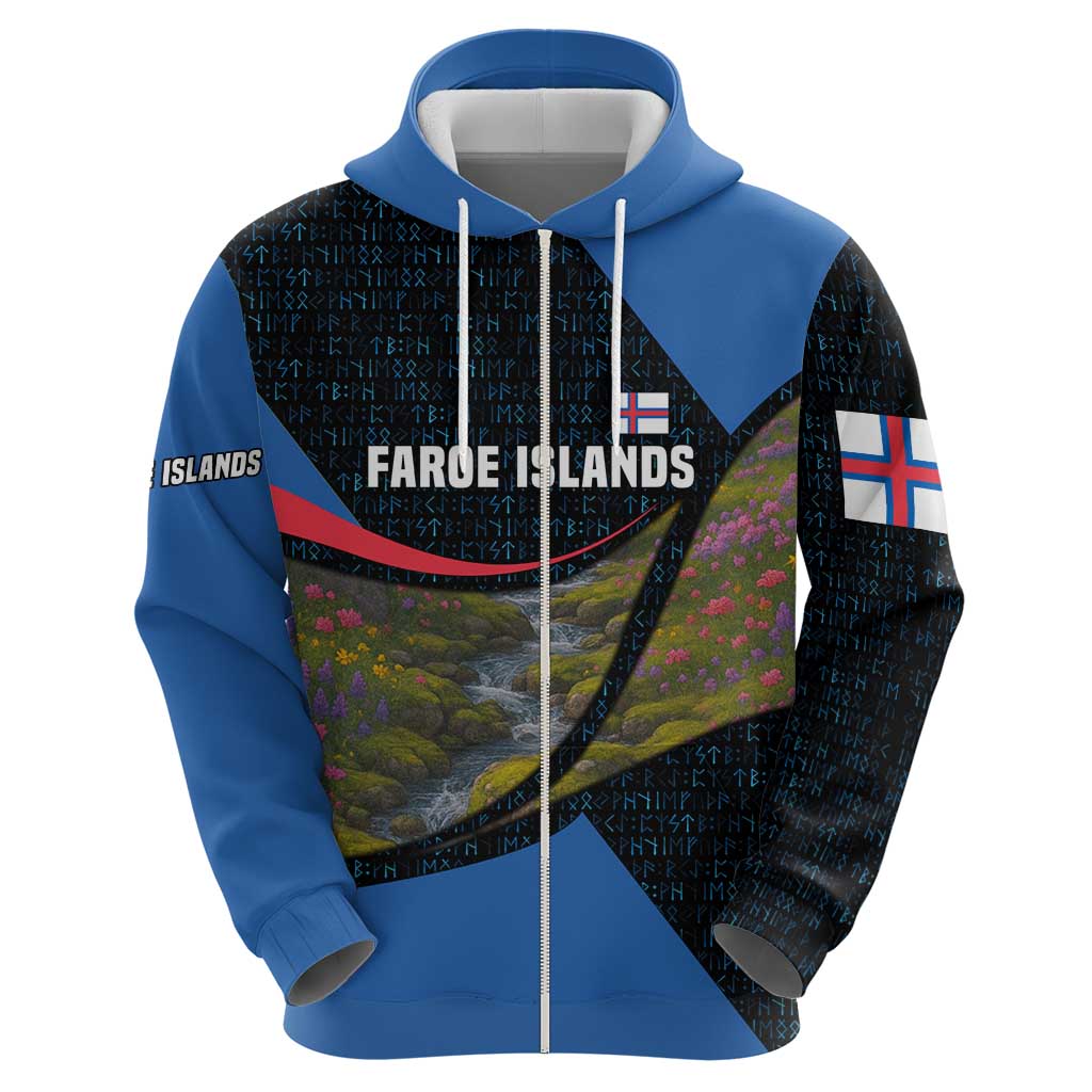 Faroe Islands Hoodie with Waterfall Nature Scene and Rune Pattern Design TS04